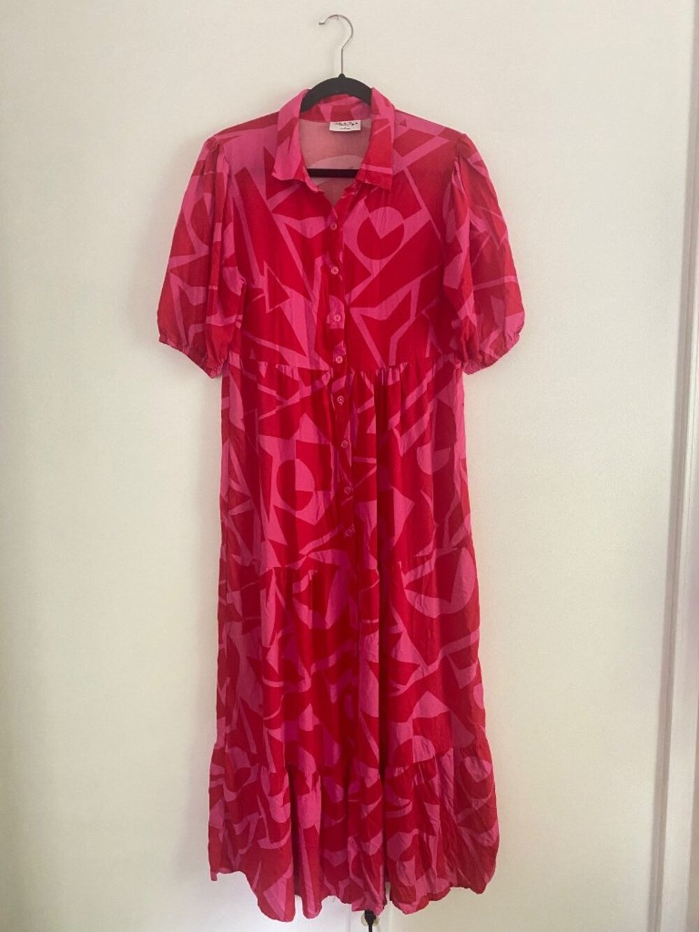 Jolie & Joy Red & Pink Button-Down Geometric Maxi Dress With Puff Sleeves Size M